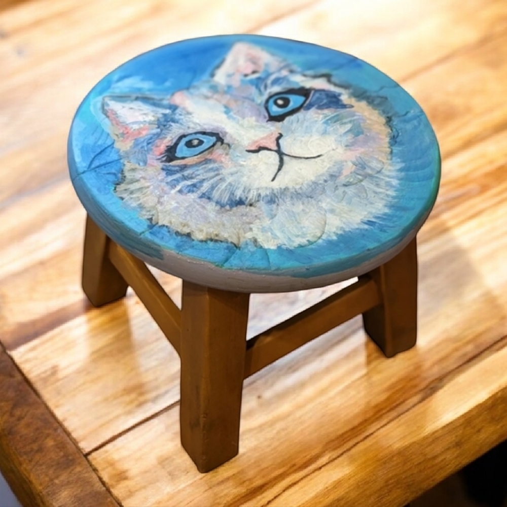 OOAK Handcrafted foot rest step/stool Signed painting cat portrait:Max sees sky